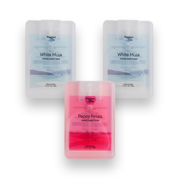 Pocket Me Hand Sanitizer Spray - 2 x  White Musk 18ml + 1 x Peony Petals 18ml